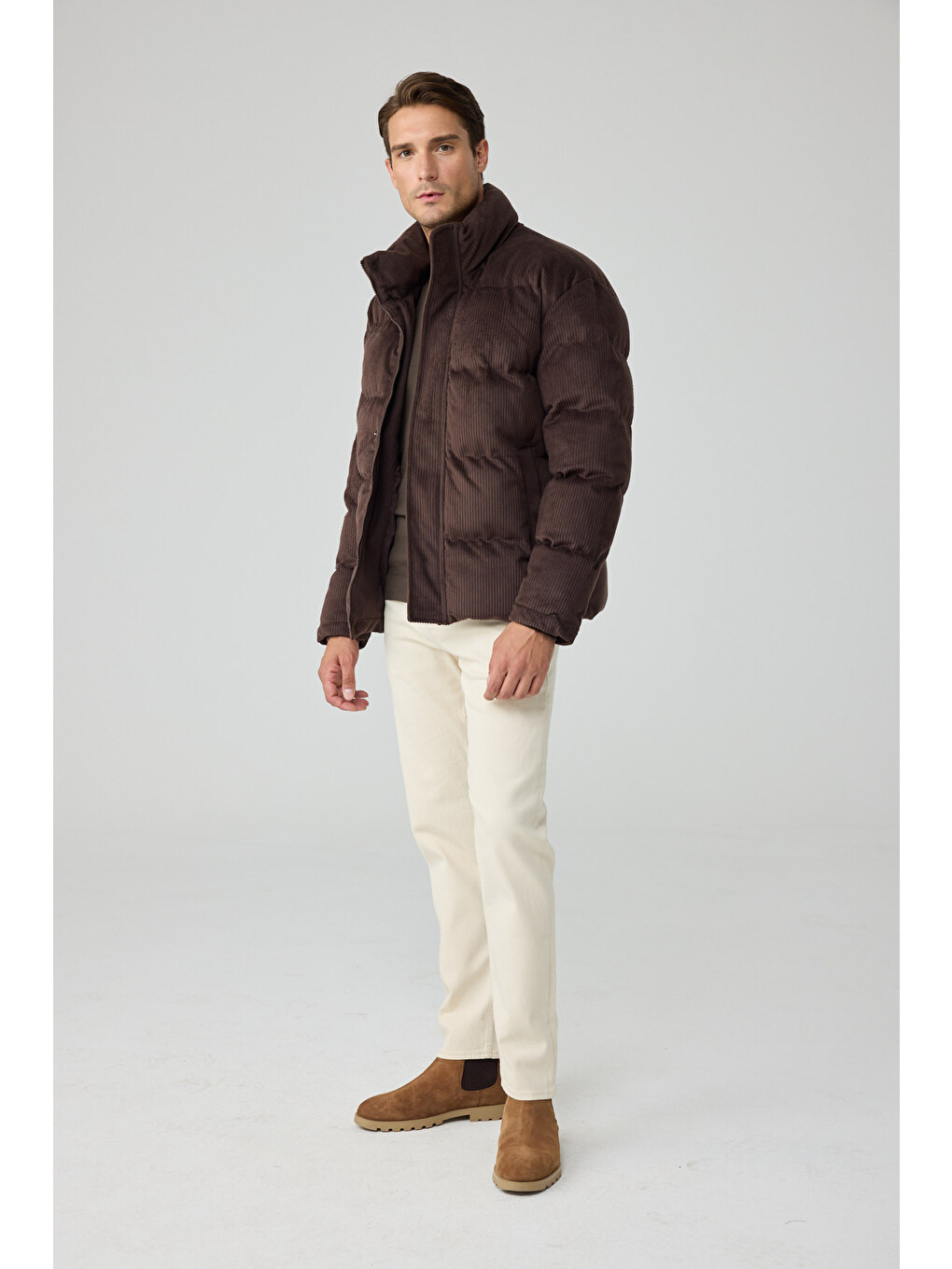 Erkek Su Geçirmez Kadife Puffer Şişme Mont Kahverengi 4346dngr-6