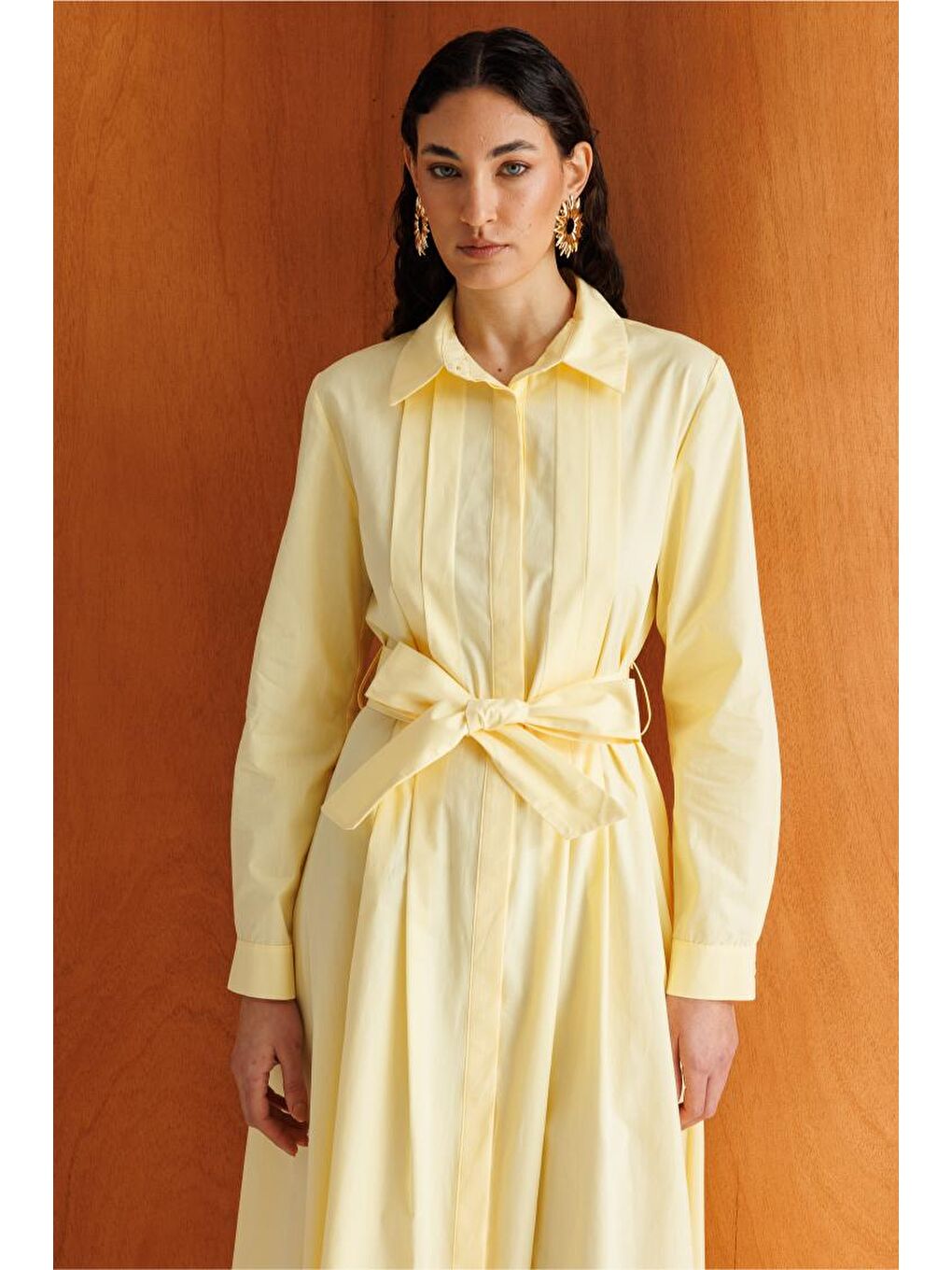 Premium Saf Pamuk Sarı Piliseli Uzun Elbise-3