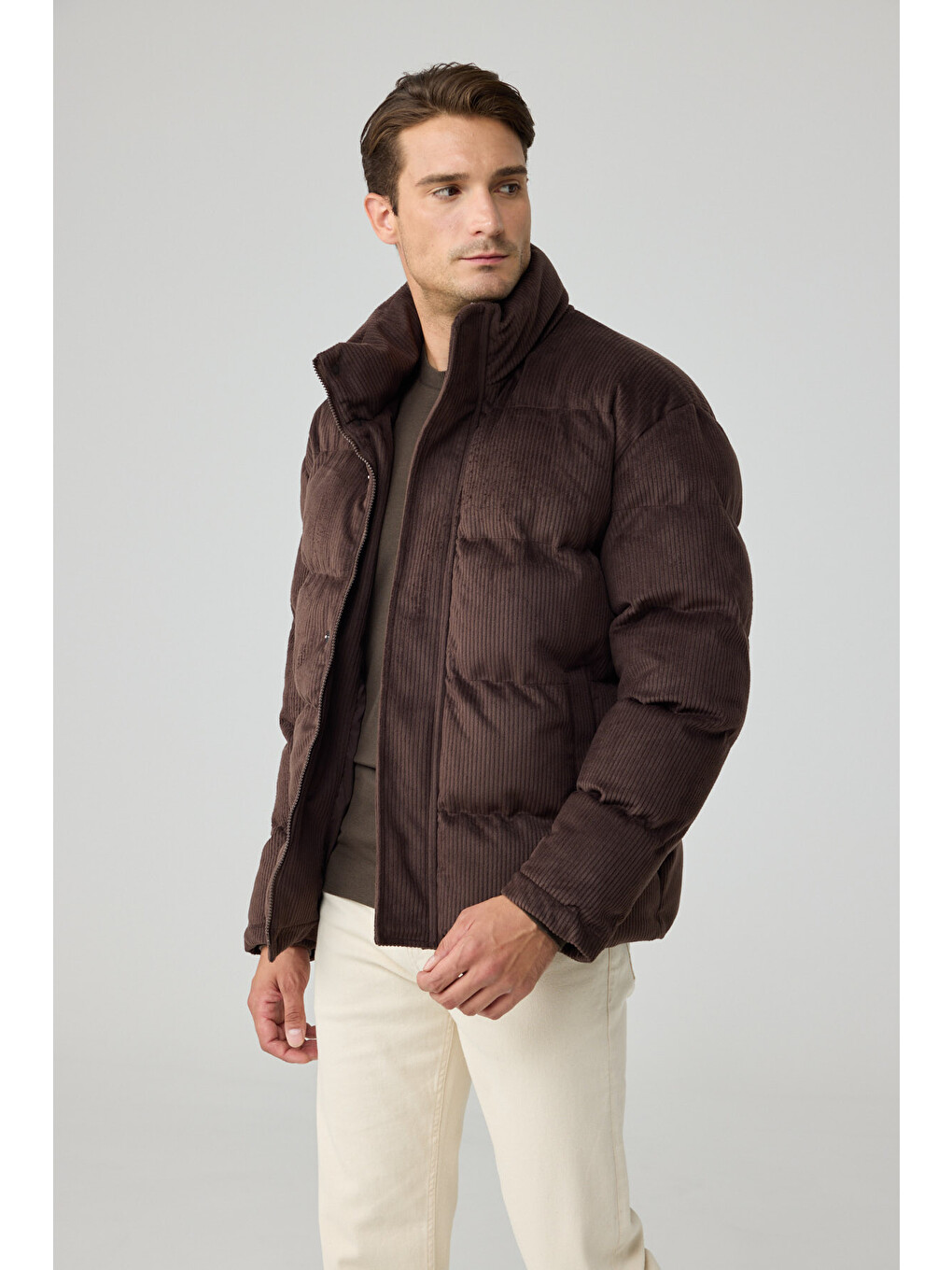 Erkek Su Geçirmez Kadife Puffer Şişme Mont Kahverengi 4346dngr-1