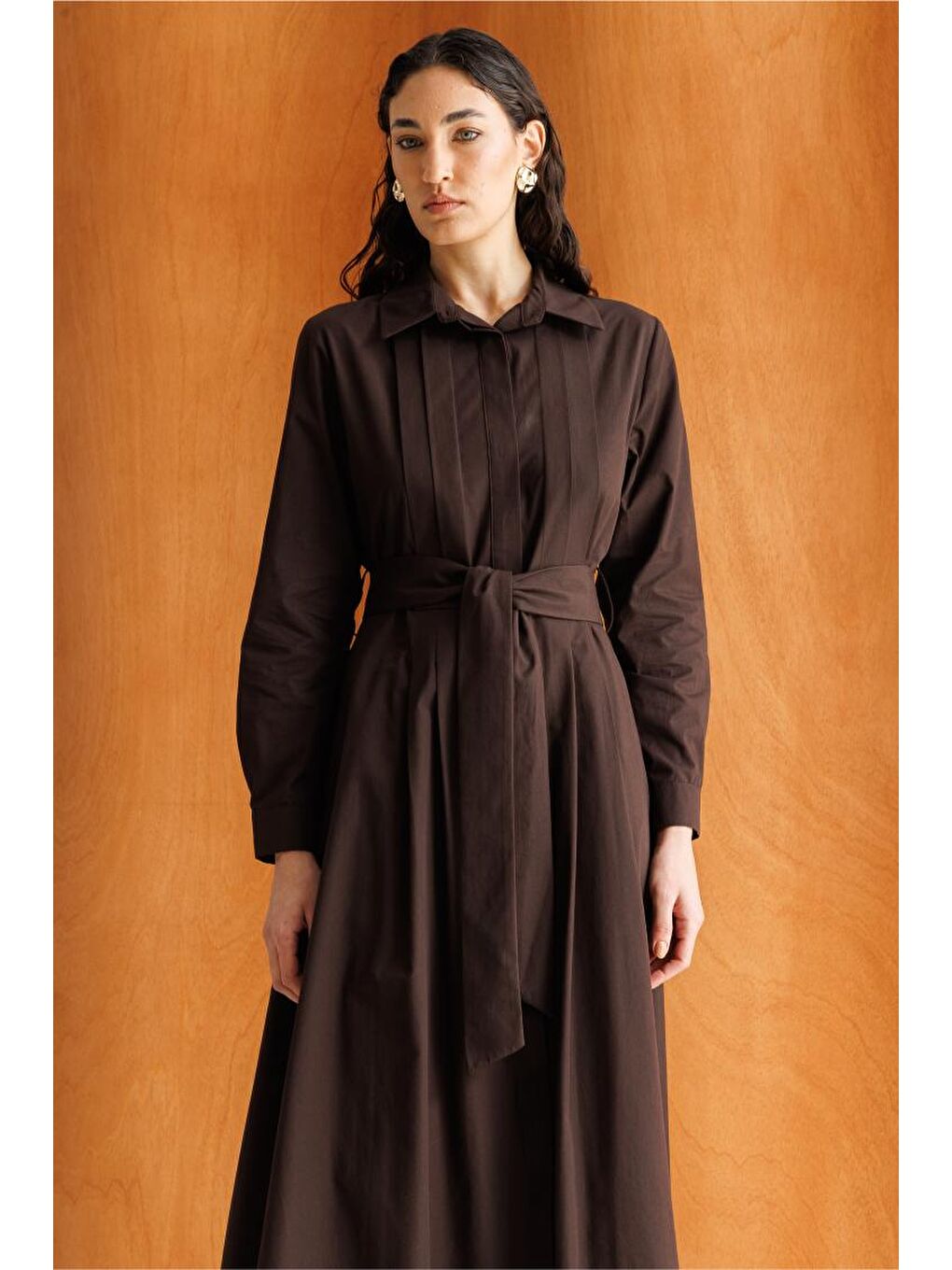 Acı Kahve Premium Saf Pamuk Kahverengi Piliseli Uzun Elbise-2