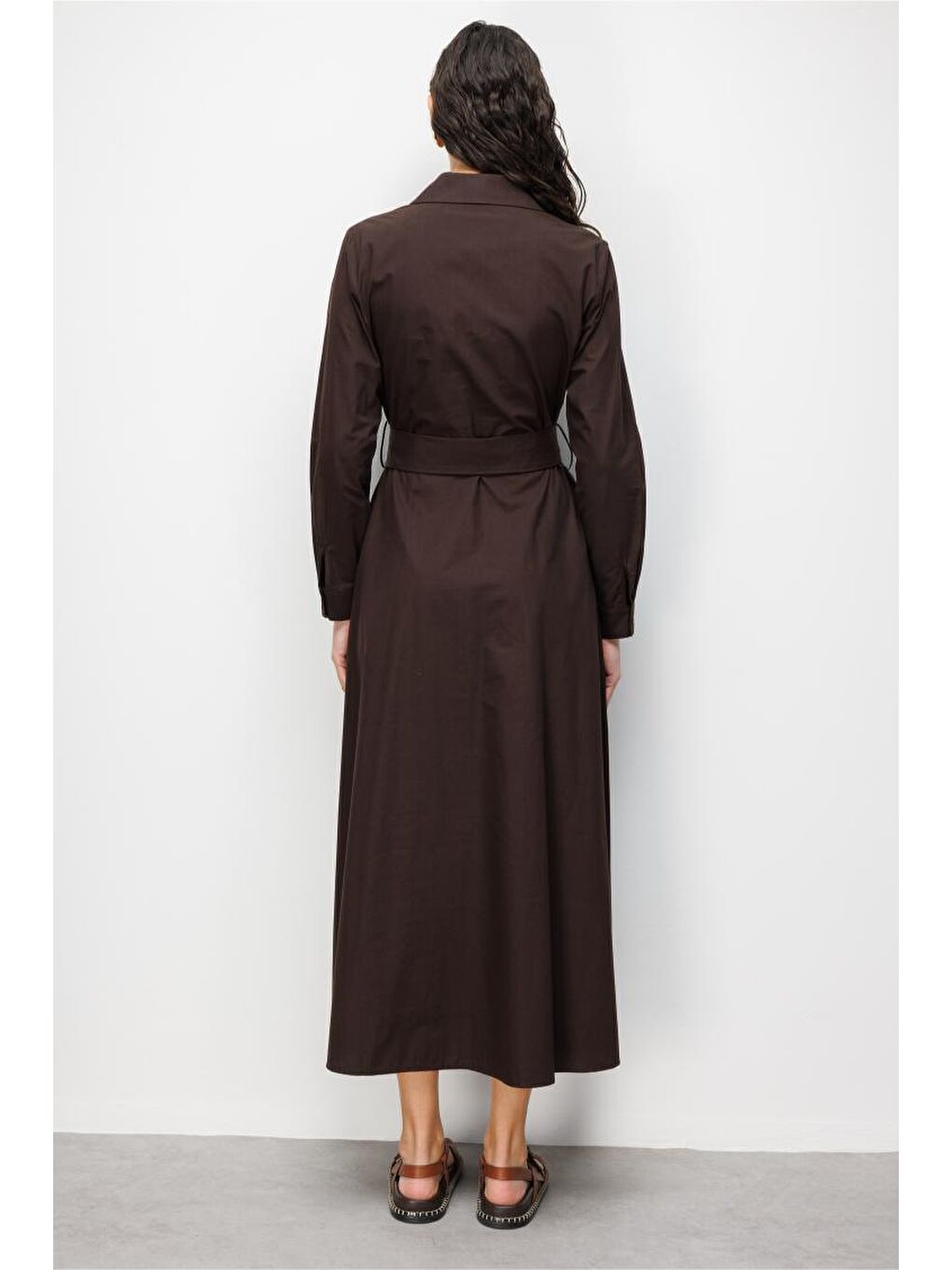 Acı Kahve Premium Saf Pamuk Kahverengi Piliseli Uzun Elbise-3