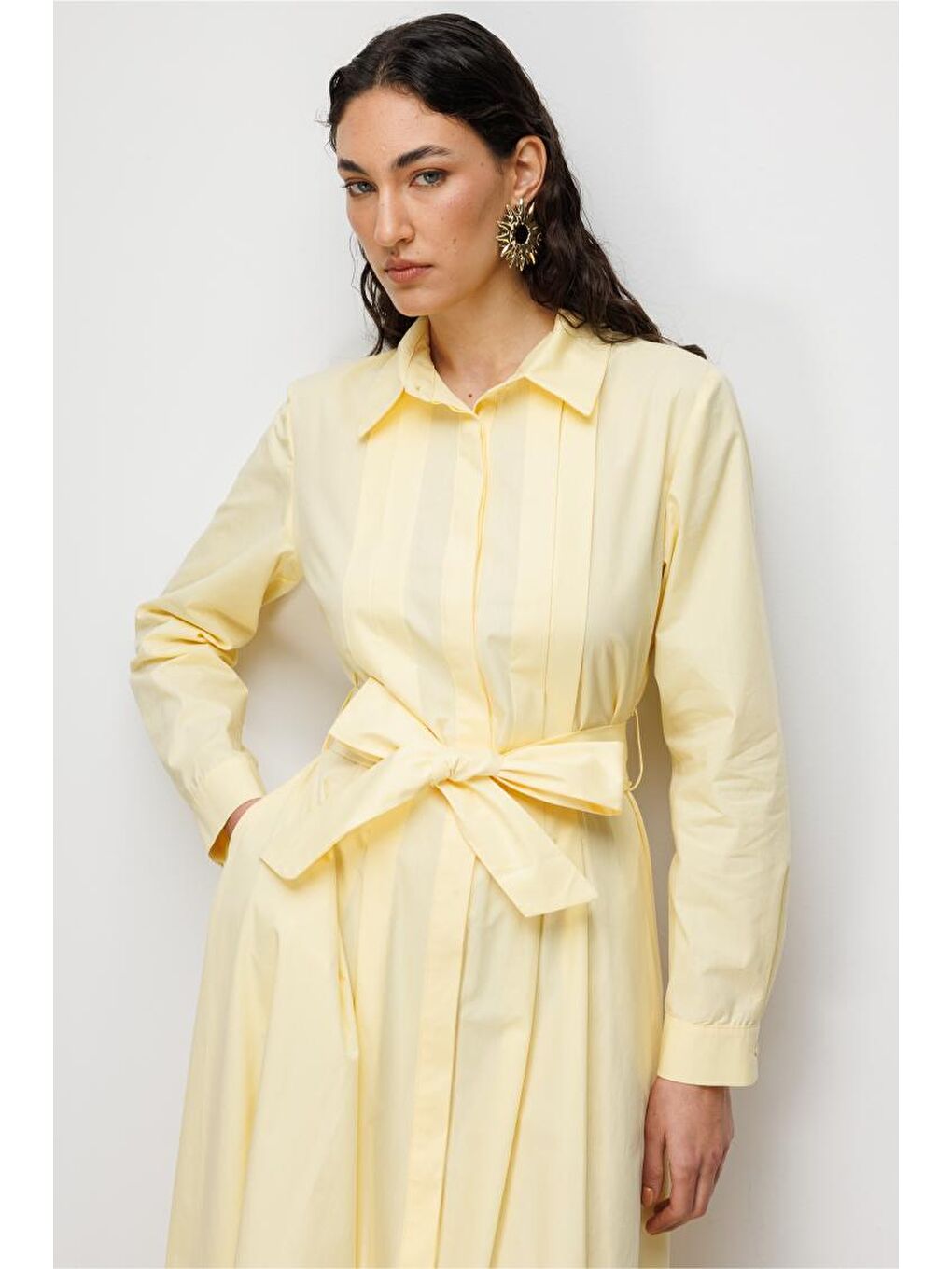 Premium Saf Pamuk Sarı Piliseli Uzun Elbise-4