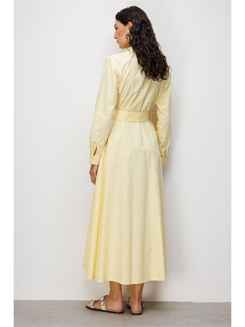 Premium Saf Pamuk Sarı Piliseli Uzun Elbise-5