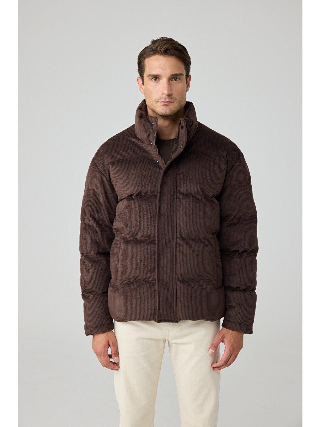 Erkek Su Geçirmez Kadife Puffer Şişme Mont Kahverengi 4346dngr-3