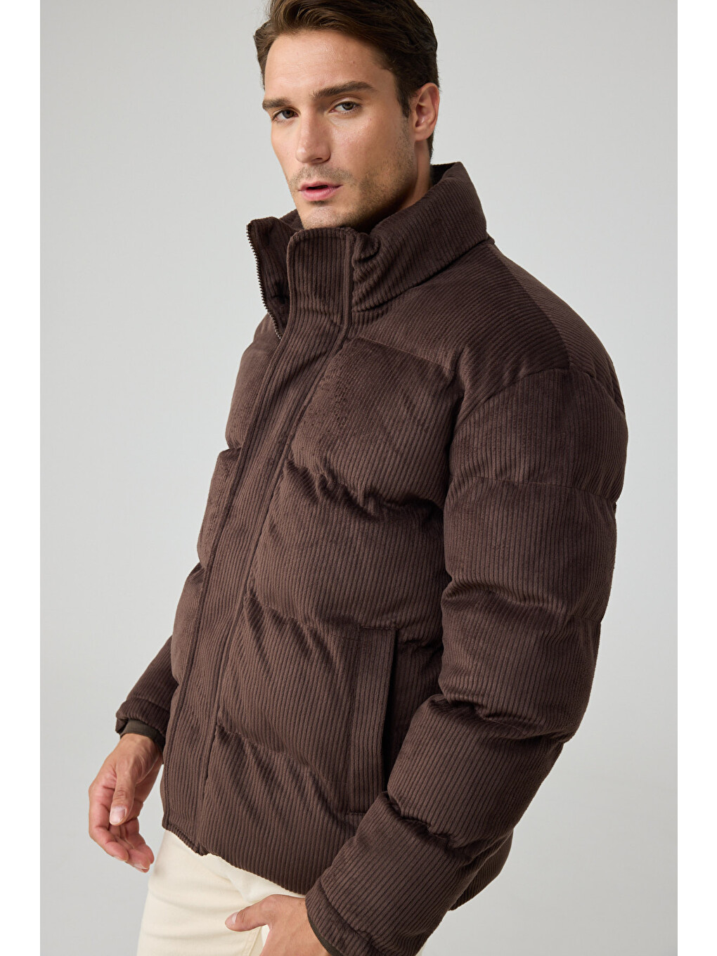 Erkek Su Geçirmez Kadife Puffer Şişme Mont Kahverengi 4346dngr-4