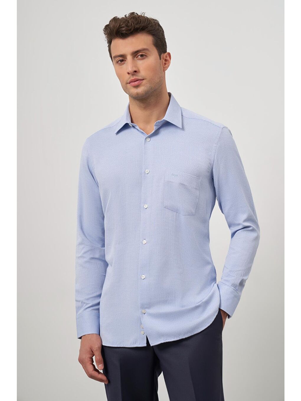 Mavi Uzun Kol Kendinden Desenli Armürlü 041 Sert Yaka Classic Comfort Fit Gömlek 1004245156-1
