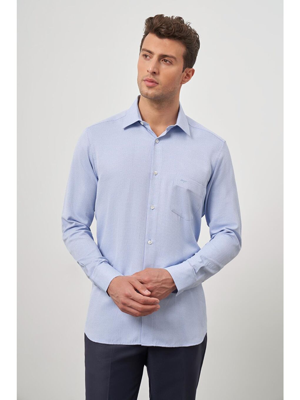 Mavi Uzun Kol Kendinden Desenli Armürlü 041 Sert Yaka Classic Comfort Fit Gömlek 1004245156-2