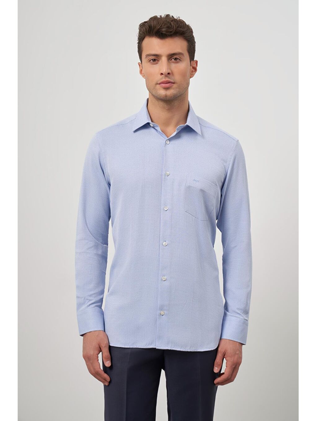 Mavi Uzun Kol Kendinden Desenli Armürlü 041 Sert Yaka Classic Comfort Fit Gömlek 1004245156-3