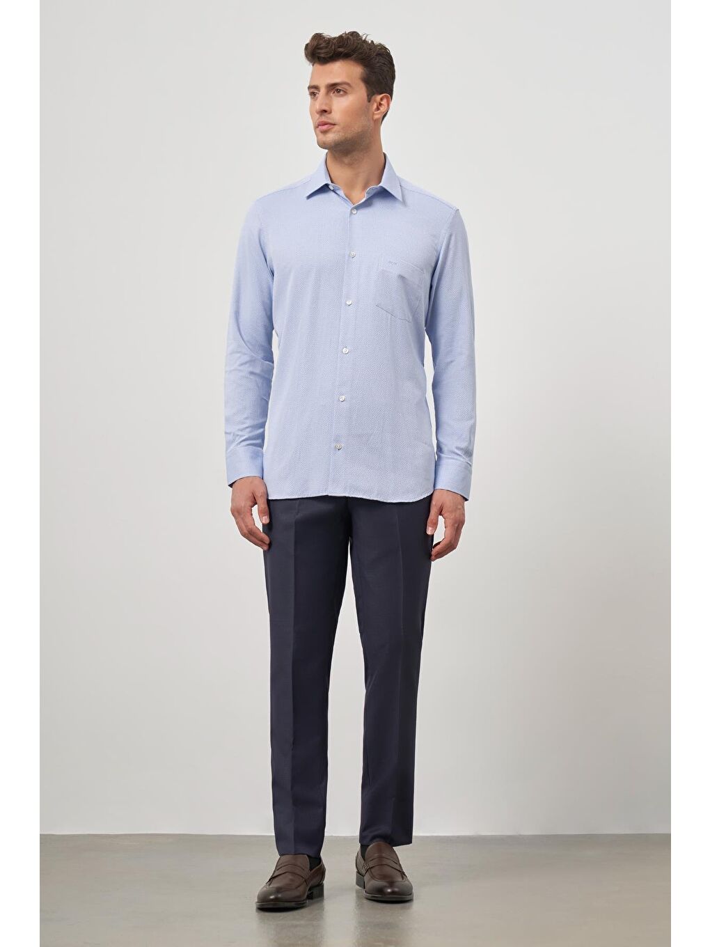 Mavi Uzun Kol Kendinden Desenli Armürlü 041 Sert Yaka Classic Comfort Fit Gömlek 1004245156-4