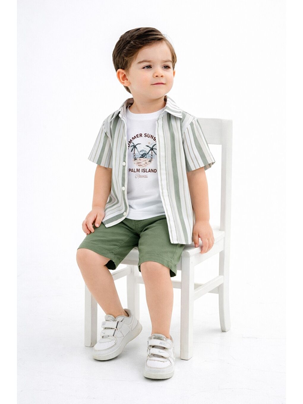 Haki Tarz Gömlekli Çizgili Belden Ayarlanabilir Kısa Kollu Şortlu 3'lü Takım-2