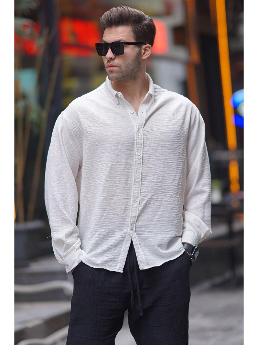 Ekru Uzun Kollu Oversize Erkek %100 Pamuk Gömlek 6735