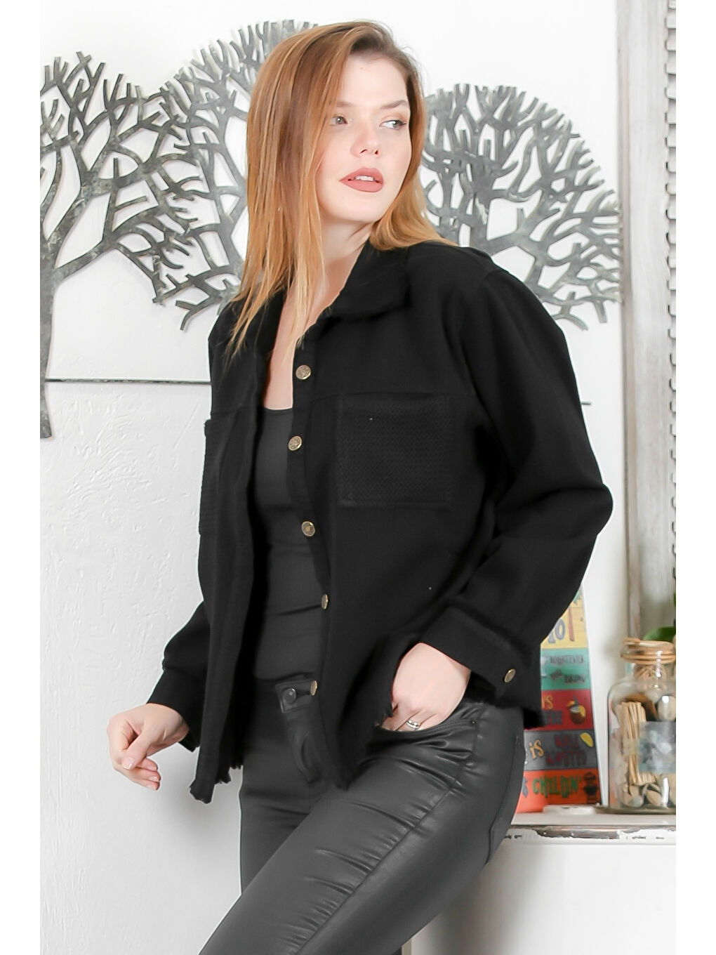 Chiccy Siyah Ceket Yaka Manşetli Kollu Düğmeli Örgü Cepli Yıkamalı Casual Gabardin Denim Ceket - 1
