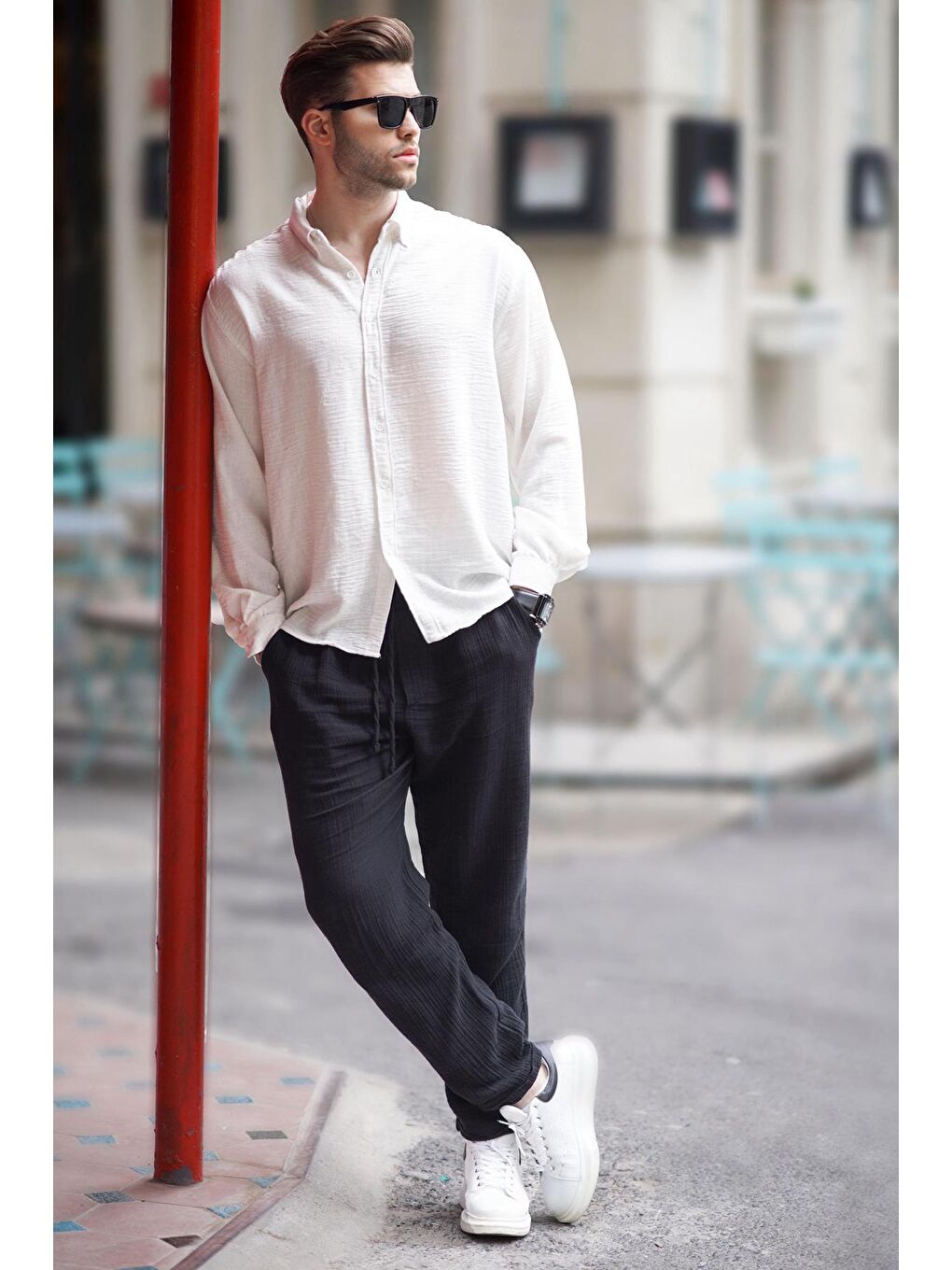 Ekru Uzun Kollu Oversize Erkek %100 Pamuk Gömlek 6735-1