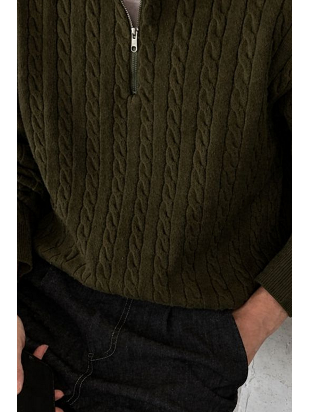 Erkek Haki Yarım Fermuarlı Saç Örgü Triko Kazak-1
