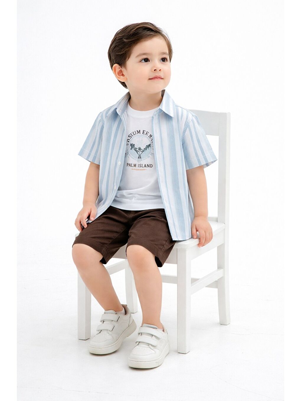 Kahverengi Tarz Gömlekli Çizgili Belden Ayarlanabilir Kısa Kollu Şortlu 3'lü Takım-1