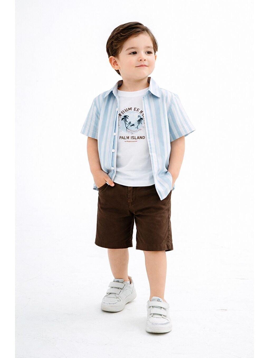 Kahverengi Tarz Gömlekli Çizgili Belden Ayarlanabilir Kısa Kollu Şortlu 3'lü Takım-2