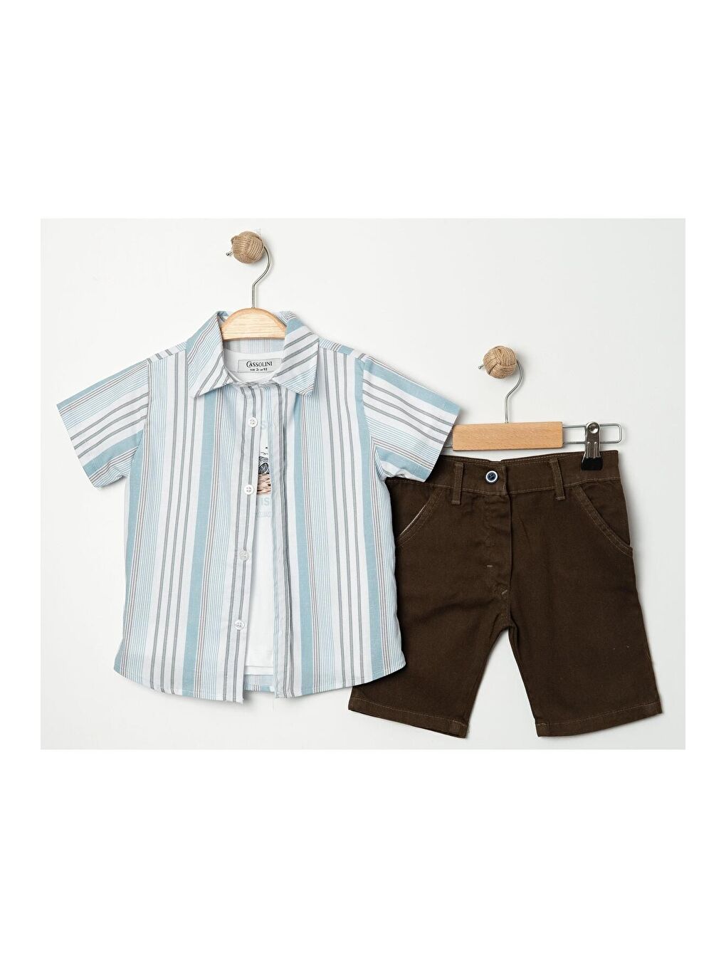 Kahverengi Tarz Gömlekli Çizgili Belden Ayarlanabilir Kısa Kollu Şortlu 3'lü Takım-3