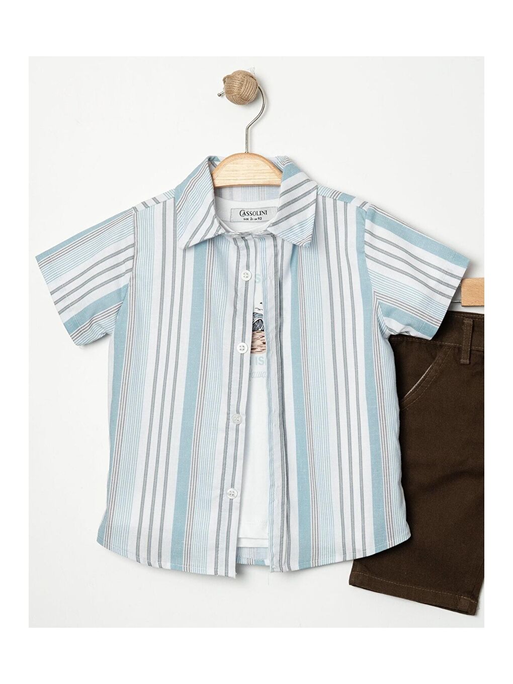 Kahverengi Tarz Gömlekli Çizgili Belden Ayarlanabilir Kısa Kollu Şortlu 3'lü Takım-4