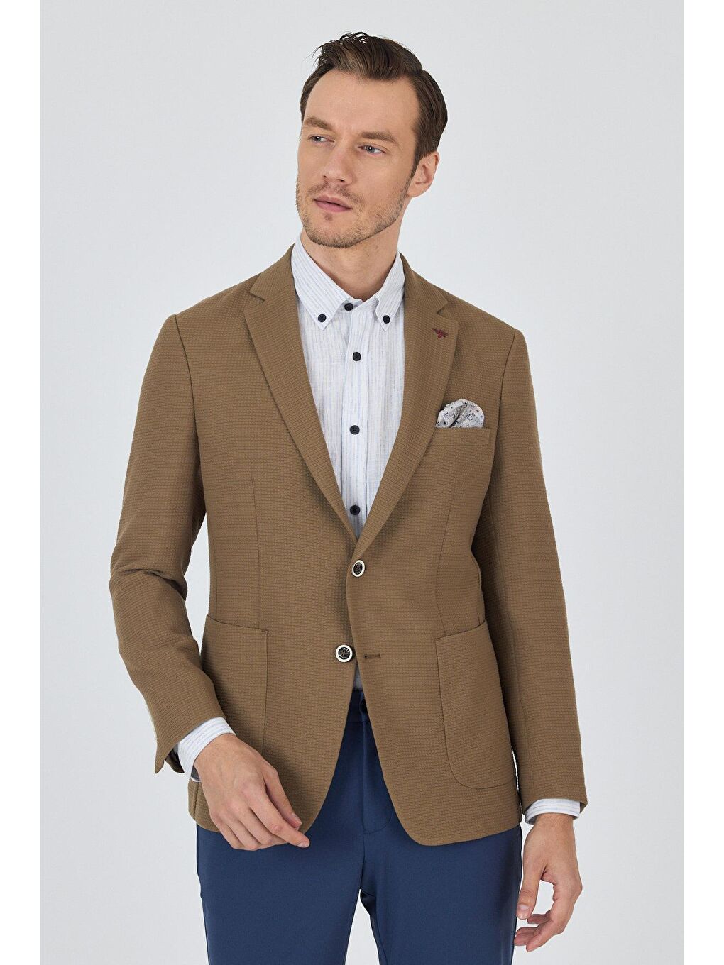 Kahverengi Koyu Vizon Mono Yaka Gofreli  Esnek 6 Drop Slim Fit Casual  Ceket 1002250125