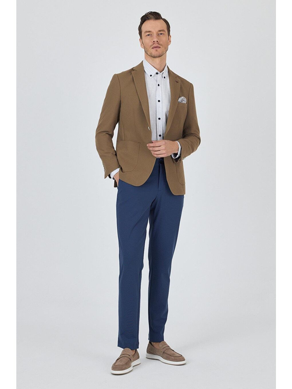 Kahverengi Koyu Vizon Mono Yaka Gofreli  Esnek 6 Drop Slim Fit Casual  Ceket 1002250125-1