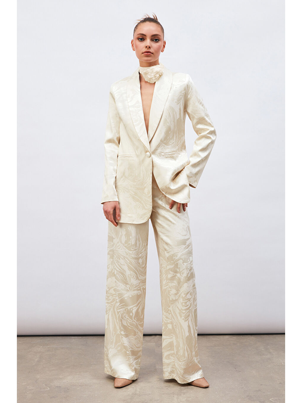Saten Desenli Salaş Pantolon - Ekru