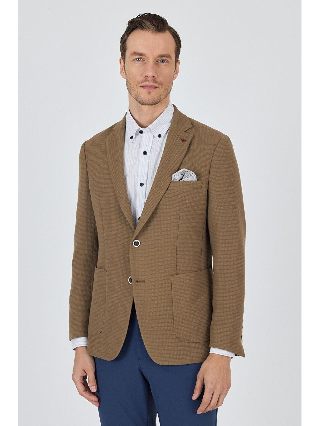 Kahverengi Koyu Vizon Mono Yaka Gofreli  Esnek 6 Drop Slim Fit Casual  Ceket 1002250125-2