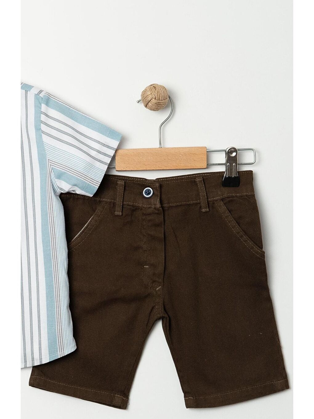 Kahverengi Tarz Gömlekli Çizgili Belden Ayarlanabilir Kısa Kollu Şortlu 3'lü Takım-5
