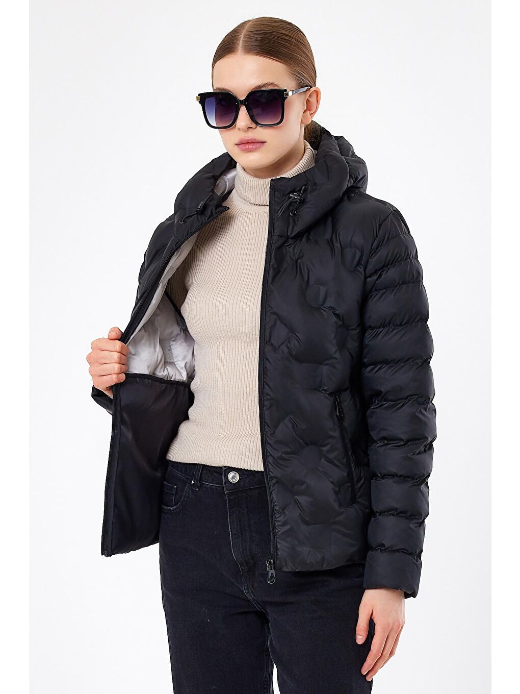 Siyah Kadın şişme Mont Kapüşonlu-2