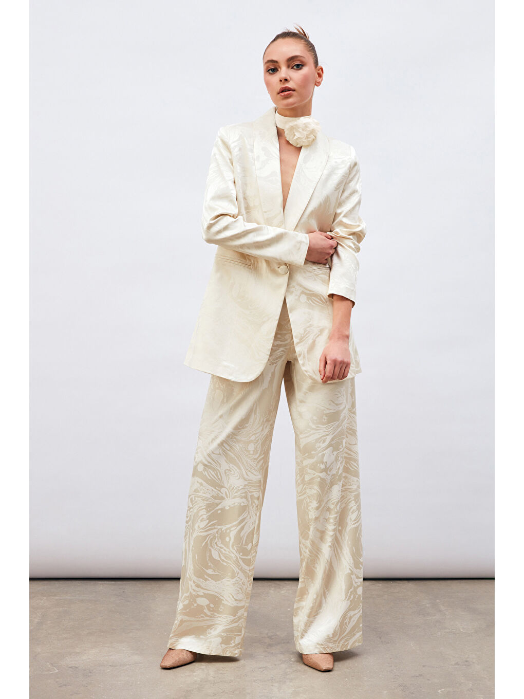 Saten Desenli Salaş Pantolon - Ekru-1