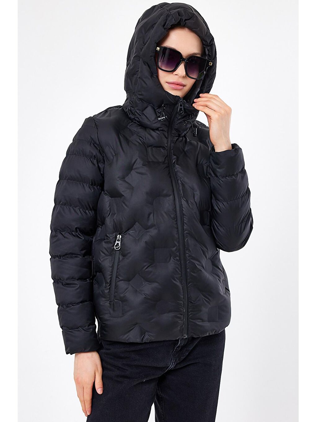 Siyah Kadın şişme Mont Kapüşonlu-3