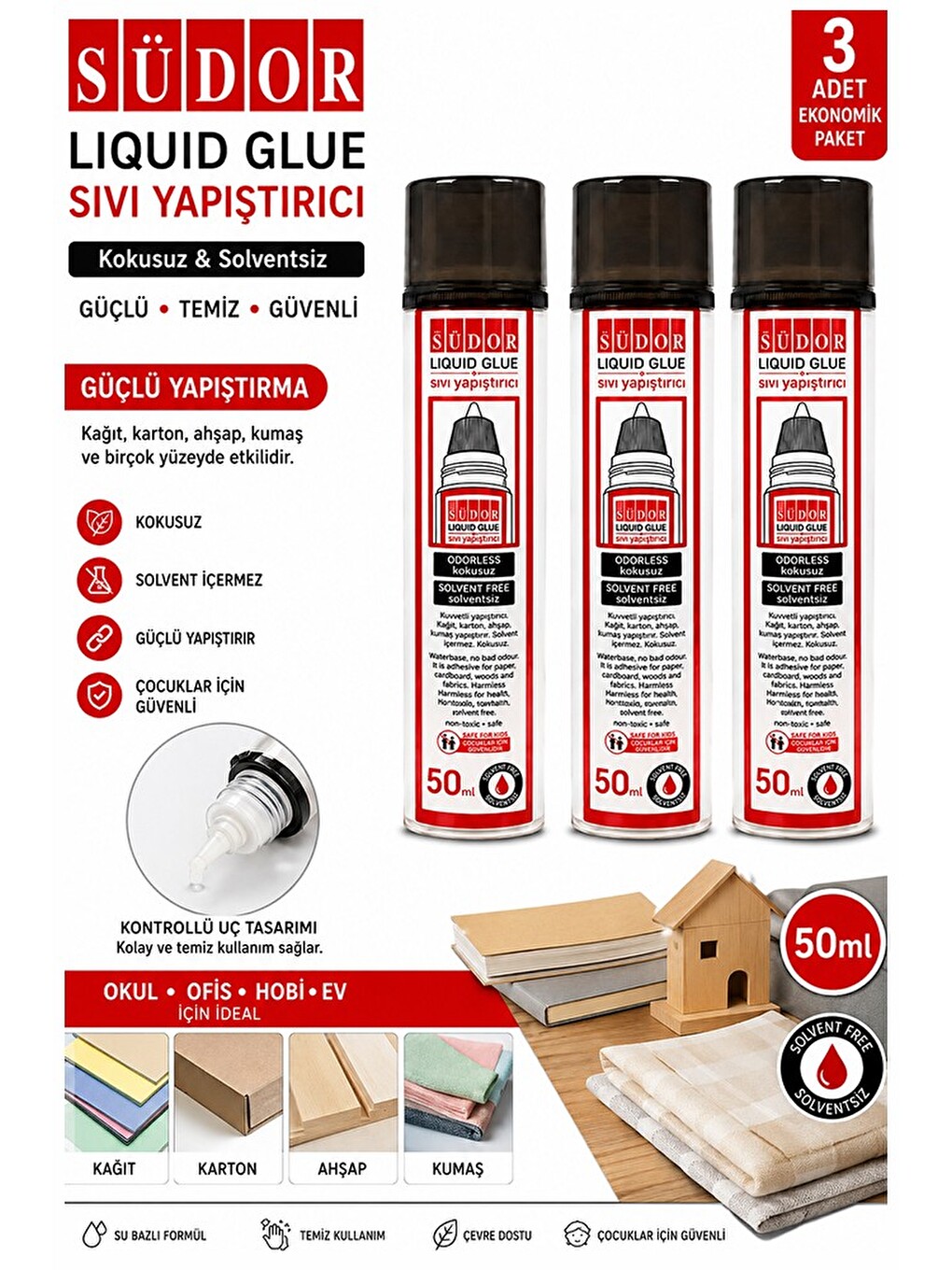 Sıvı Yapıştırıcı Şeffaf 50ml 3 Adet Südor Plastik Tüpte Sıvı Uhu Kağıt Karton Yapıştırıcısı Zararsız