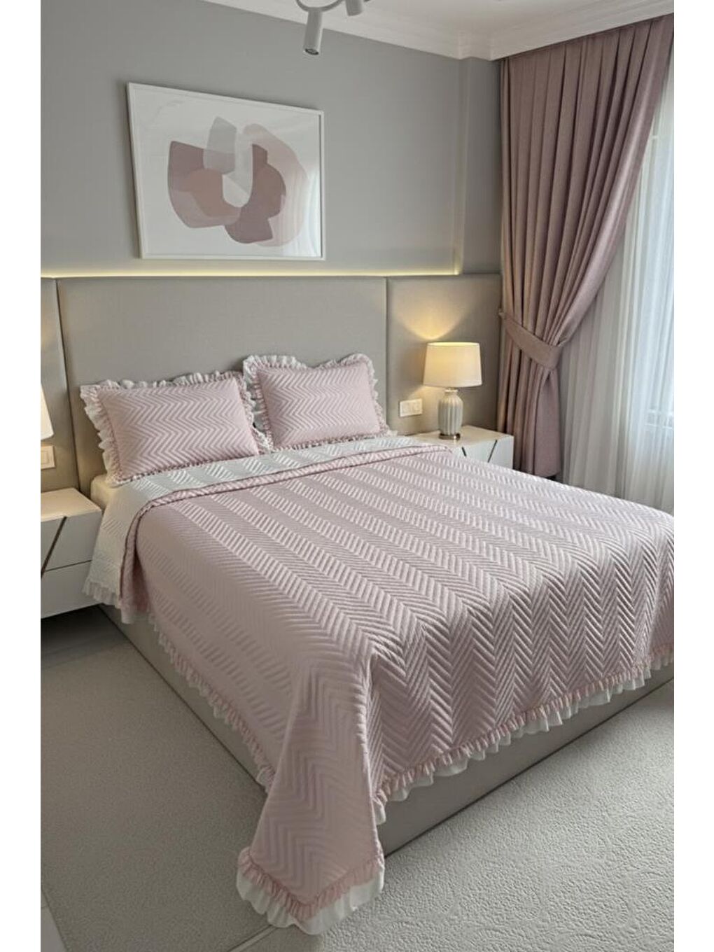 Pembe Gonca Çift Taraflı Çift Kişilik Yatak Örtüsü 230x250 Pudra