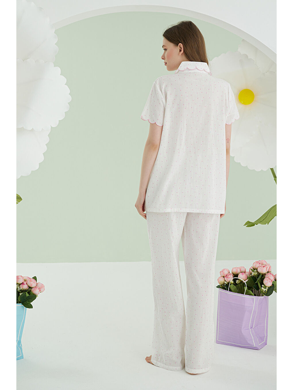 Pembe Puantiyeli Önden Düğmeli Pijama Takımı-2