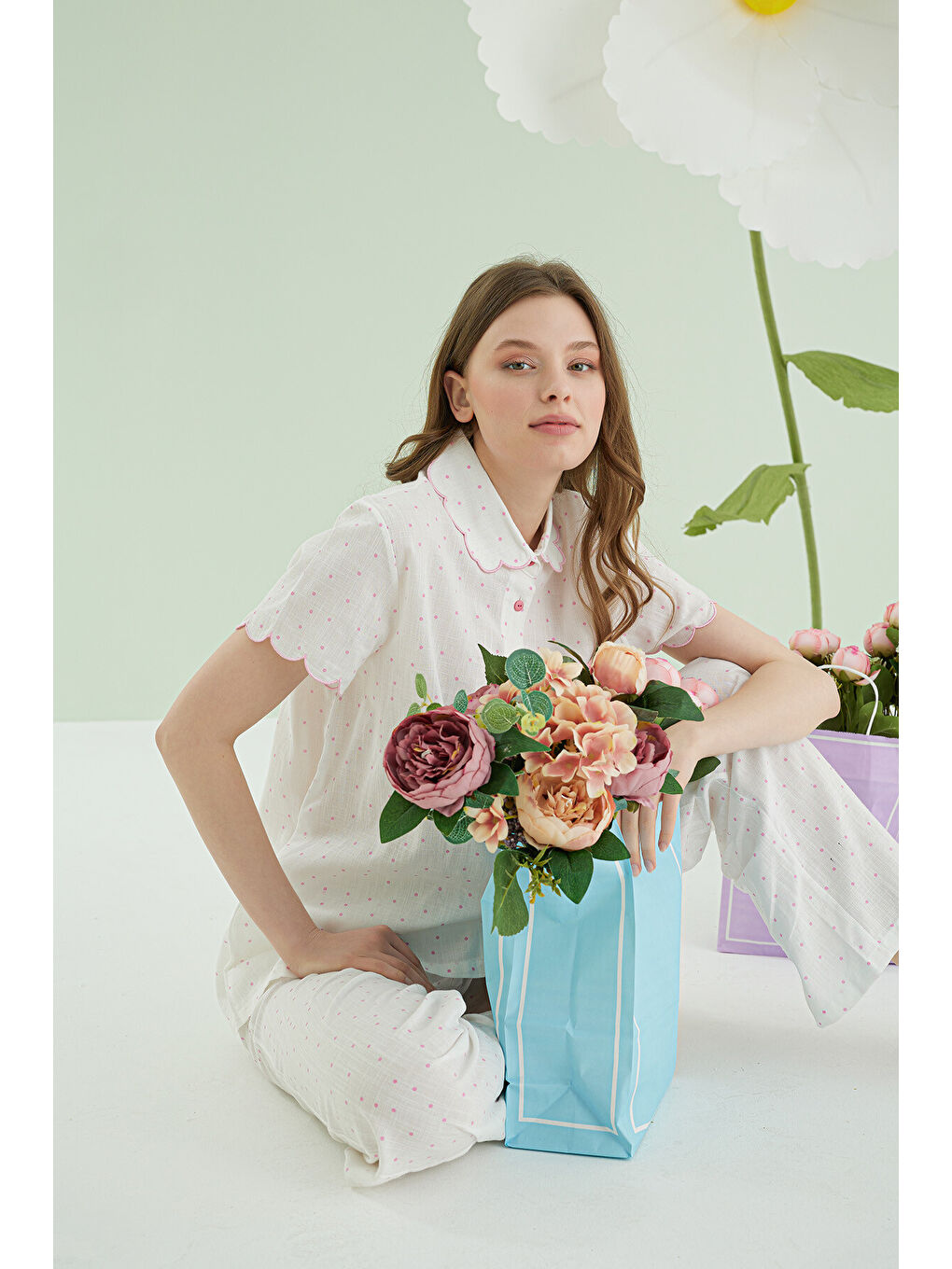 Pembe Puantiyeli Önden Düğmeli Pijama Takımı-3