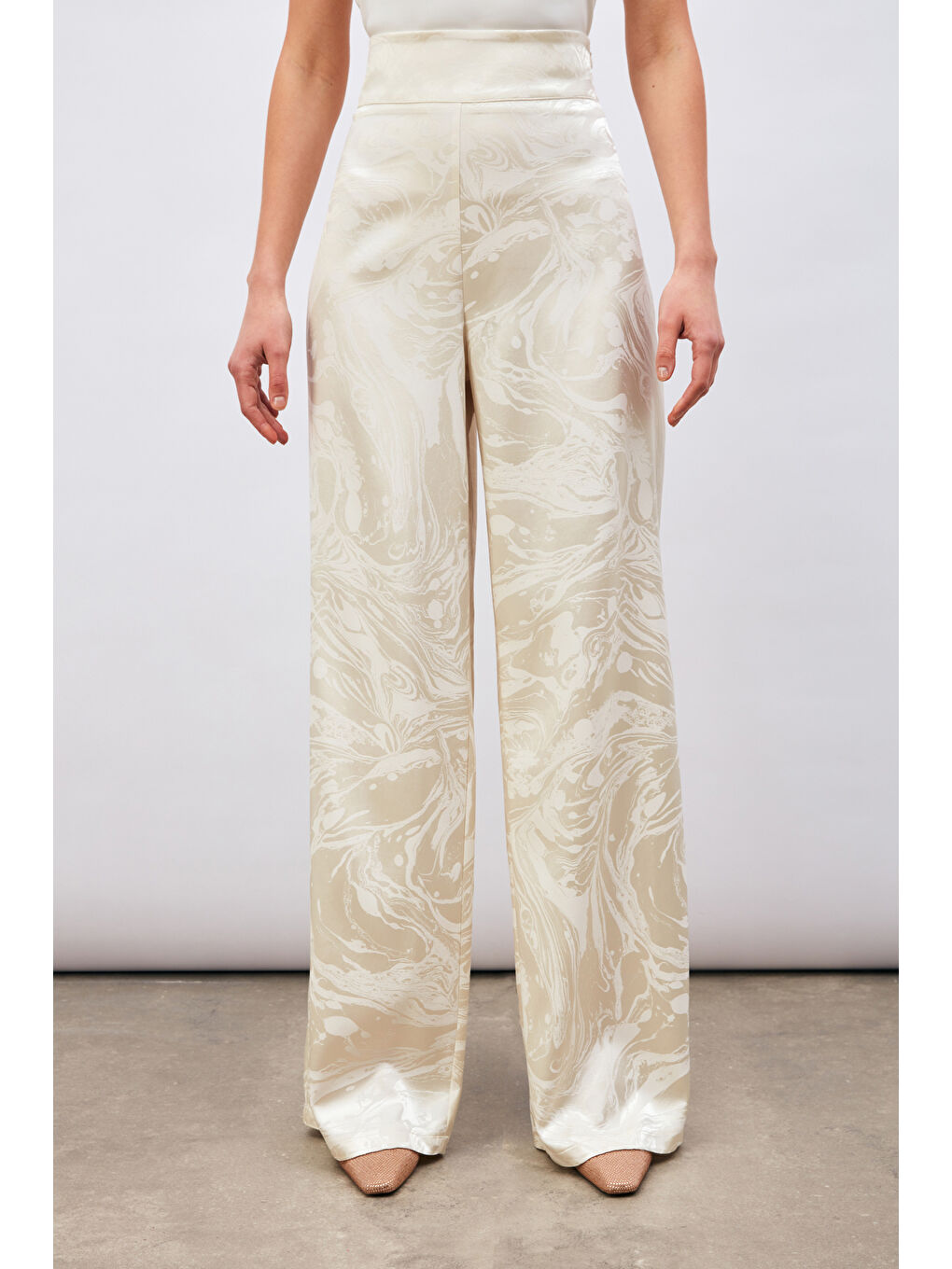 Saten Desenli Salaş Pantolon - Ekru-2