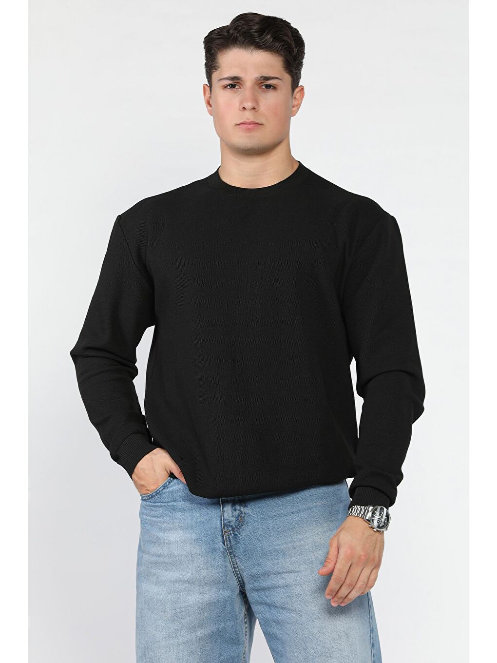 Siyah Bisiklet Yaka Erkek Triko Kazak-1