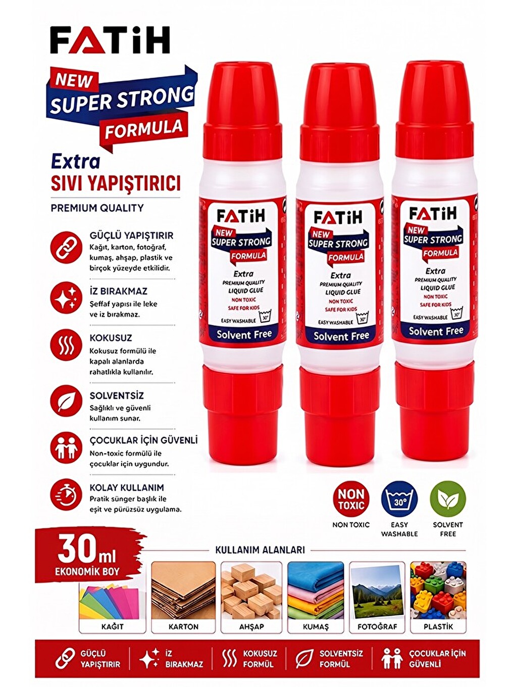 Sıvı Yapıştırıcı Çift Uçlu Şeffaf 30ml 3 Adet Fatih Çift Taraflı Uhu Kağıt Karton Yapıştırıcısı Okul