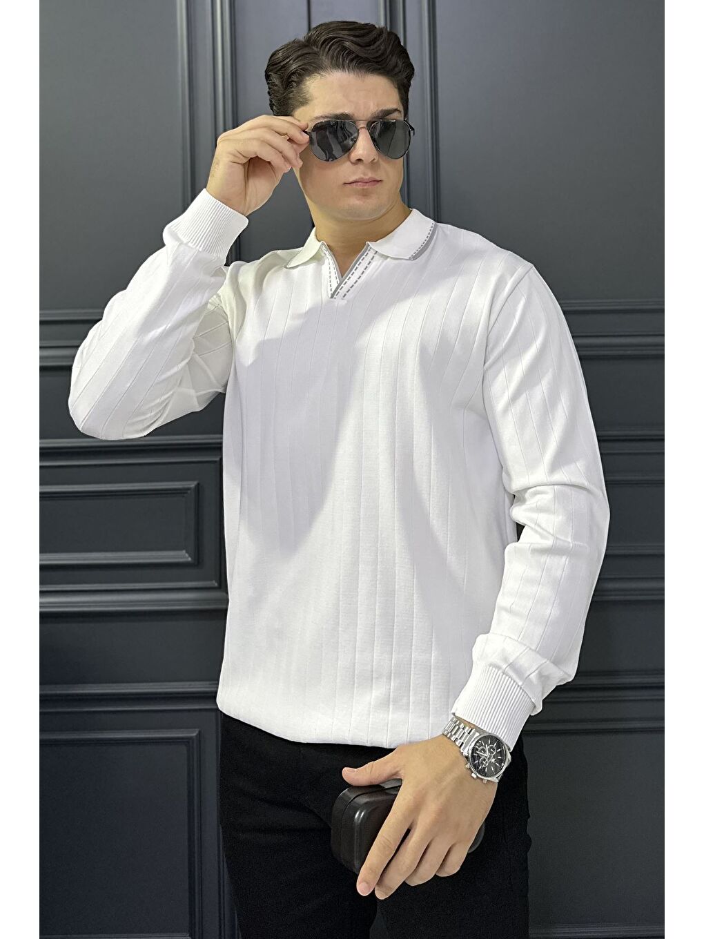 Beyaz Erkek Polo Yaka Kendinden Çizgi Desenli Triko Kazak