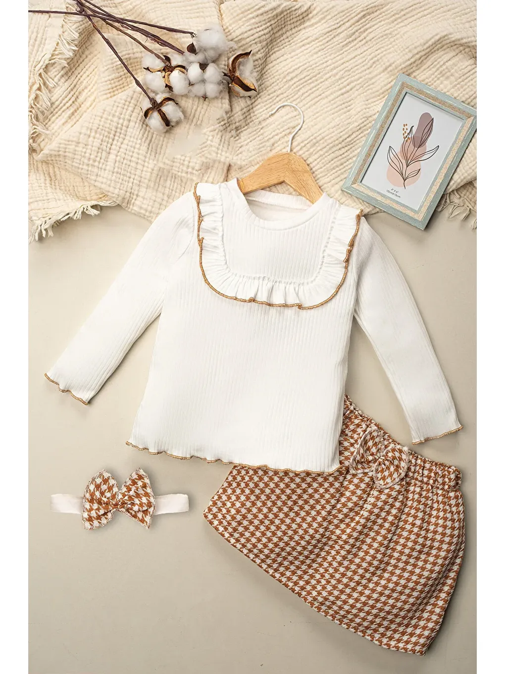 Kahverengi Çocuk Kız Elbise Fiyonklu Kazayağı Etek Badi Takım 1-5 Yaş-1