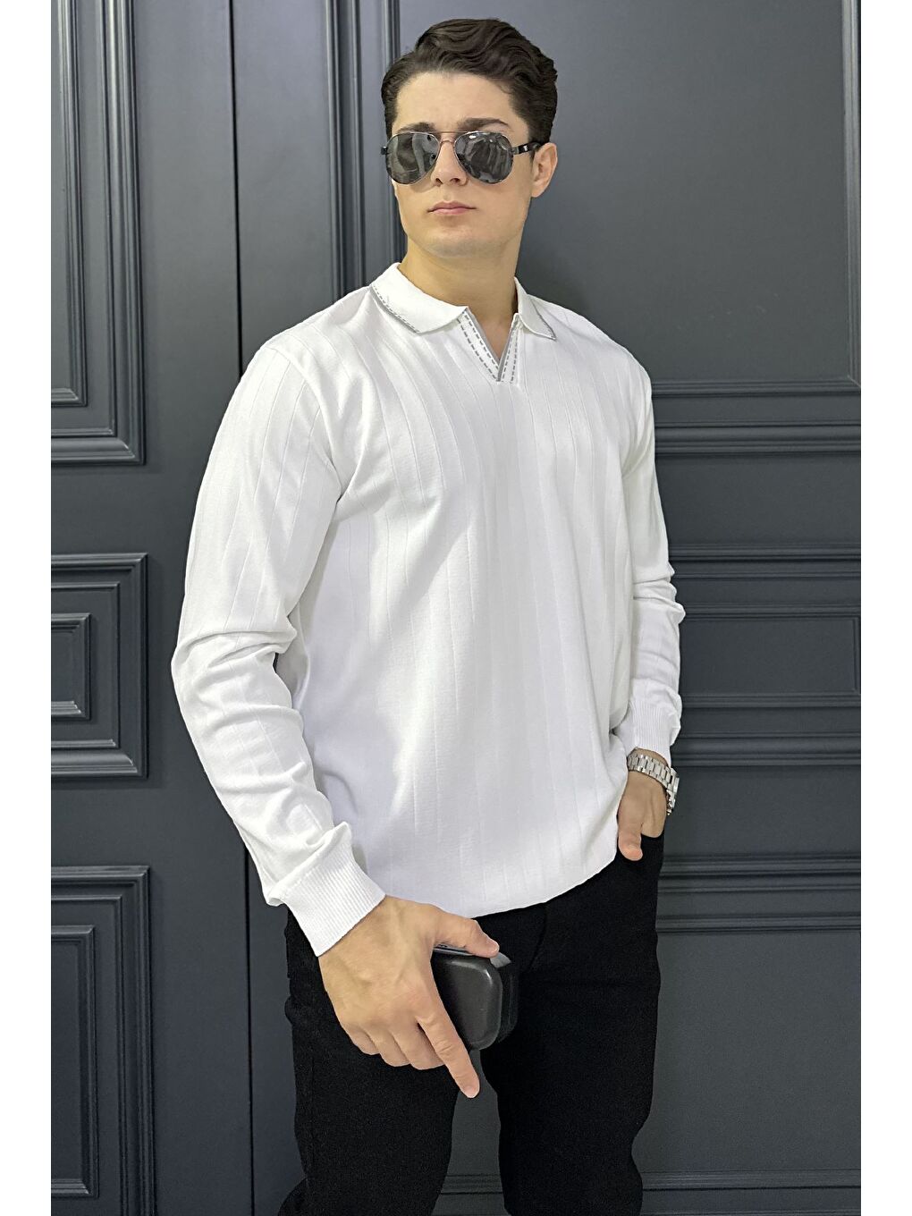 Beyaz Erkek Polo Yaka Kendinden Çizgi Desenli Triko Kazak-1