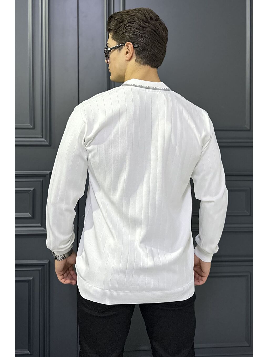 Beyaz Erkek Polo Yaka Kendinden Çizgi Desenli Triko Kazak-2