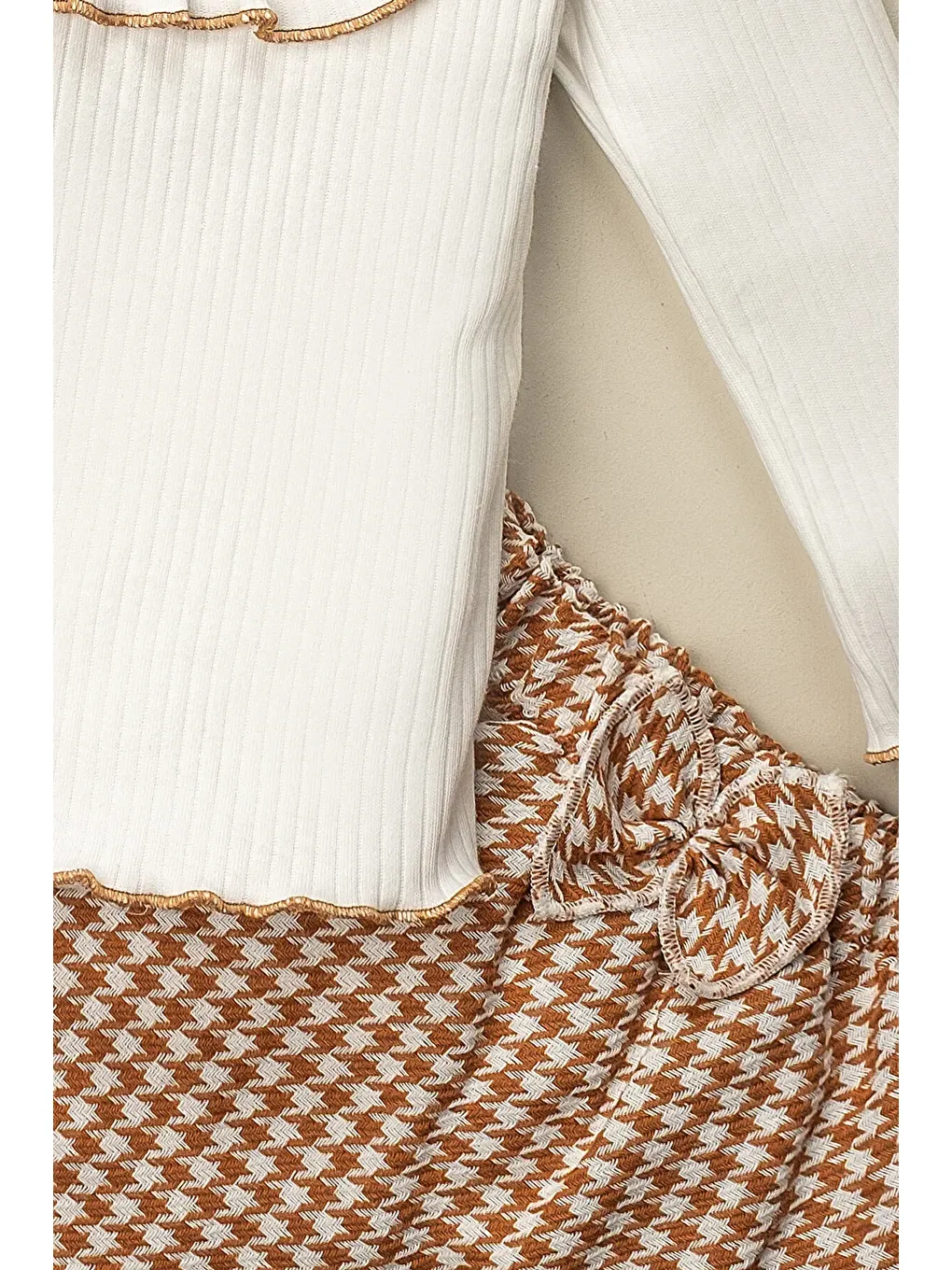 Kahverengi Çocuk Kız Elbise Fiyonklu Kazayağı Etek Badi Takım 1-5 Yaş-4