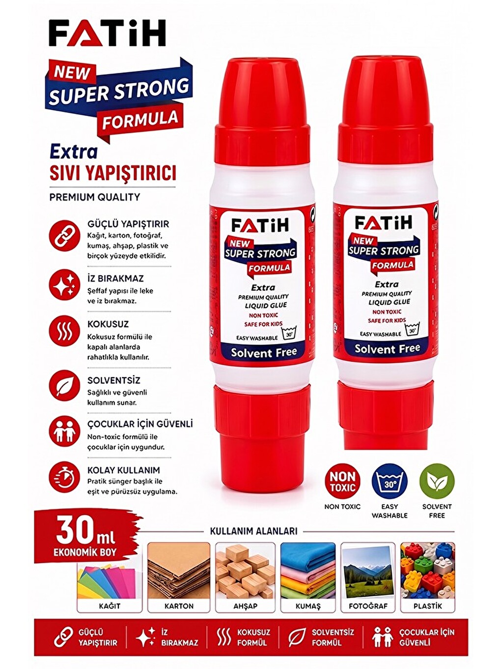 Sıvı Yapıştırıcı Çift Uçlu Şeffaf 30ml 2 Adet Fatih Çift Taraflı Uhu Kağıt Karton Yapıştırıcısı Okul