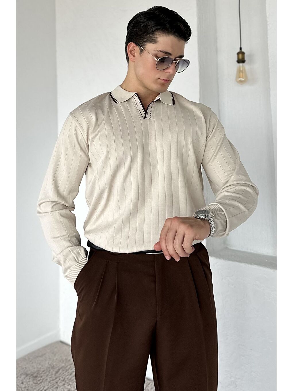 Bej Erkek Polo Yaka Kendinden Çizgi Desenli Triko Kazak-1