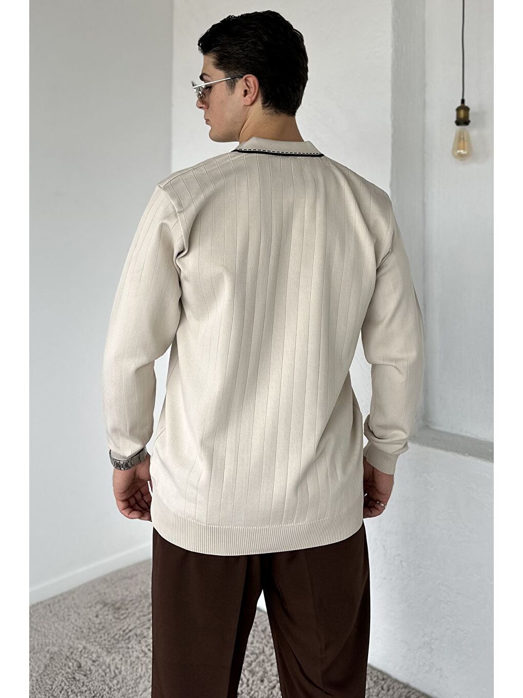 Bej Erkek Polo Yaka Kendinden Çizgi Desenli Triko Kazak-3