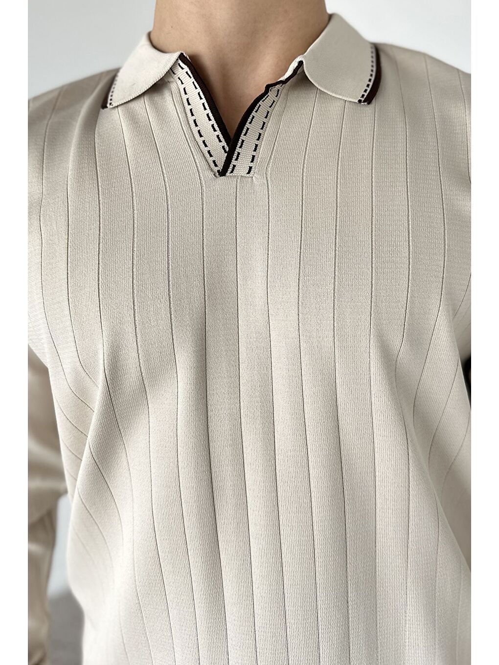 Bej Erkek Polo Yaka Kendinden Çizgi Desenli Triko Kazak-4