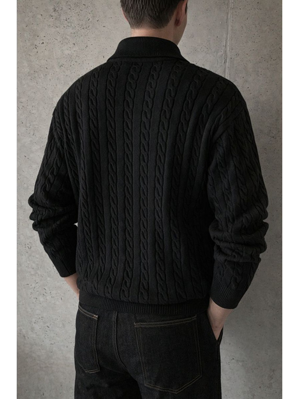 Erkek Siyah Yarım Fermuarlı Saç Örgü Triko Kazak-1