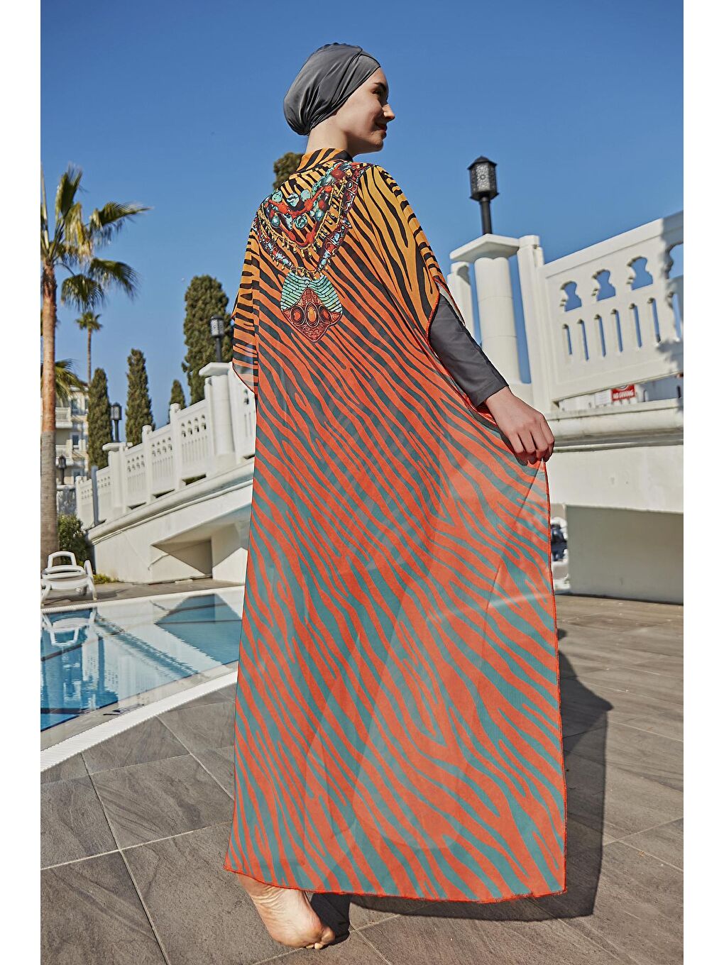 Turuncu Tesettür Mayo Üzerine Tasarım Tek Kaftan Pareo 430-305 Kenya-1