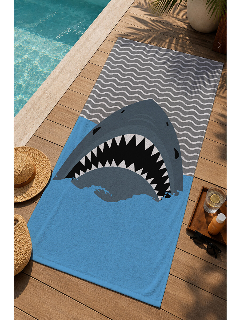 Gri Mavi Köpekbalığı Desenli 70x150 Cm Dijital Baskılı Plaj Ve Banyo Havlusu-1