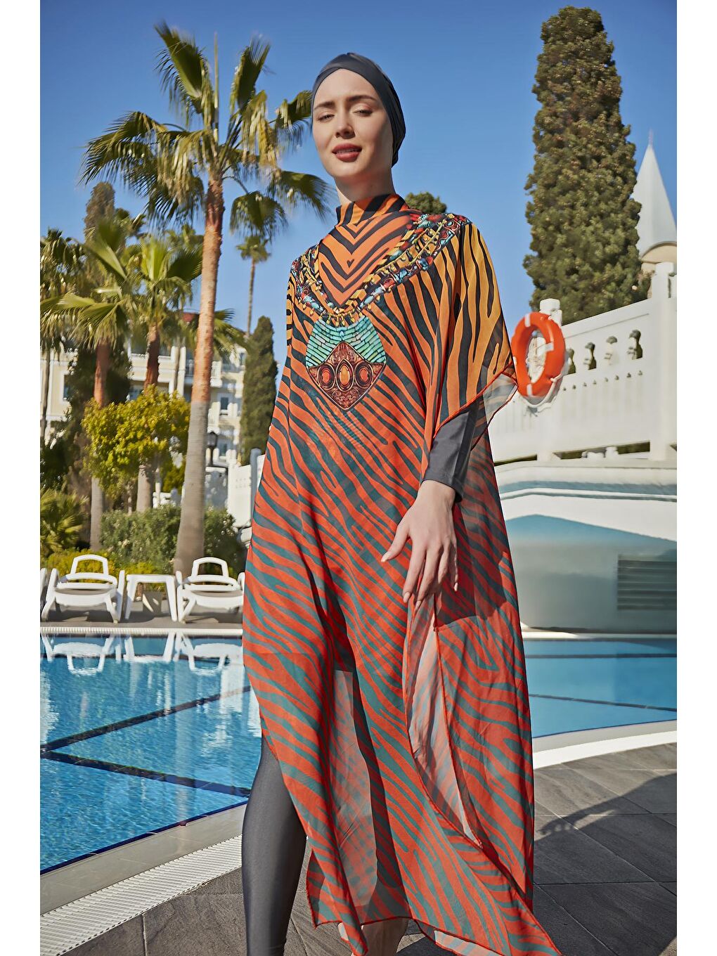 Turuncu Tesettür Mayo Üzerine Tasarım Tek Kaftan Pareo 430-305 Kenya-2